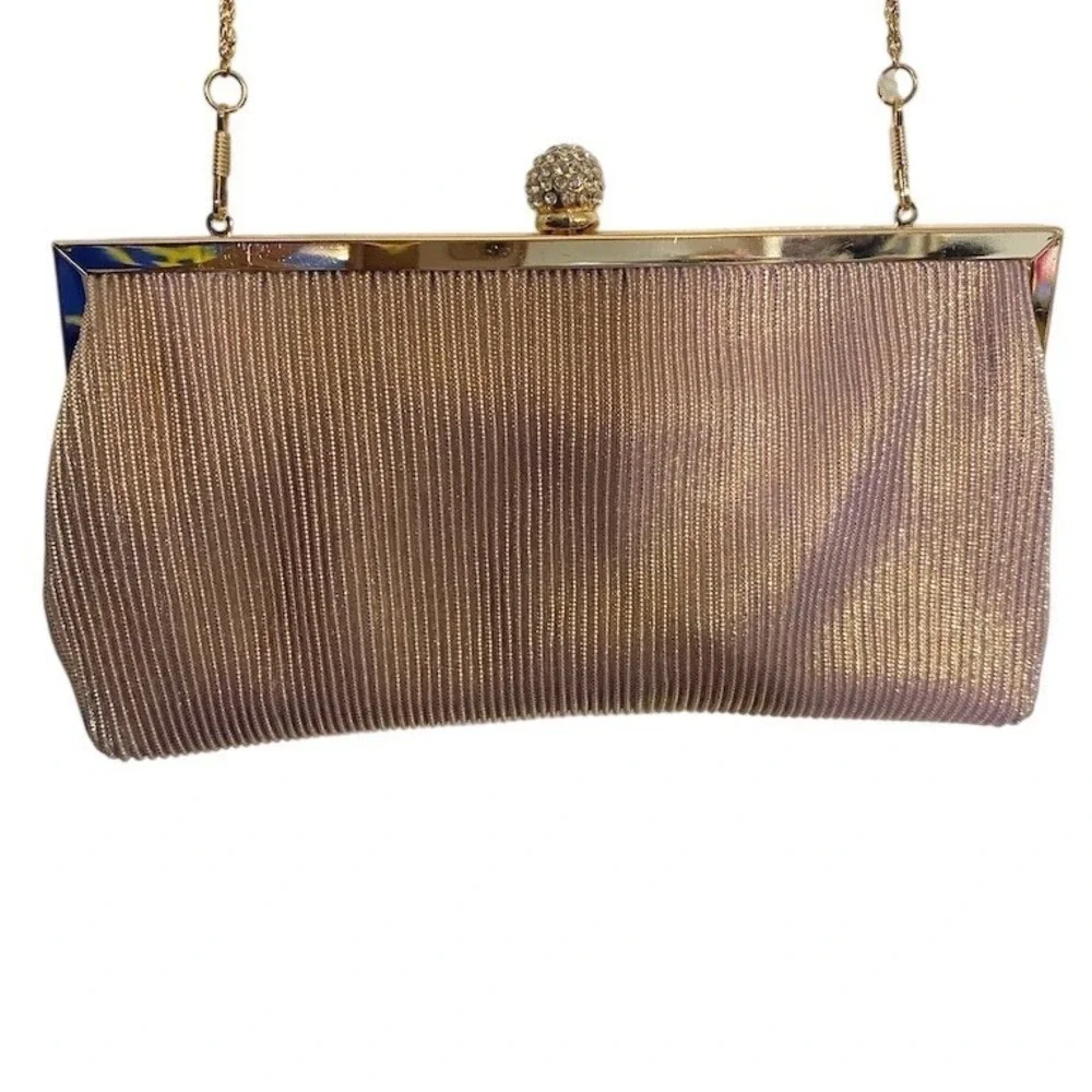 Nina Clutch Womens Small Rose Gold‎ Pleated Evening Bag Chain Strap